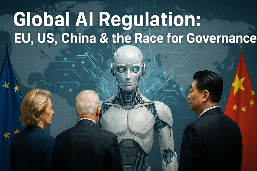 A global review of AI regulation covering the EU, US, China, and international efforts toward safe, ethical AI governance