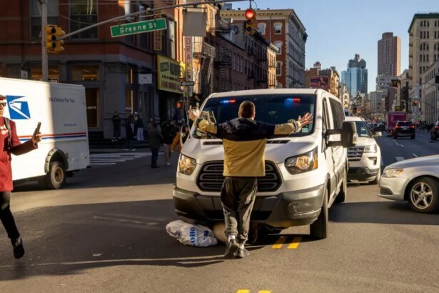 Man in a beige jacket stands with arms spread in front of a white delivery van stopped in the middle of a busy city intersection, with pedestrians and tall buildings around.